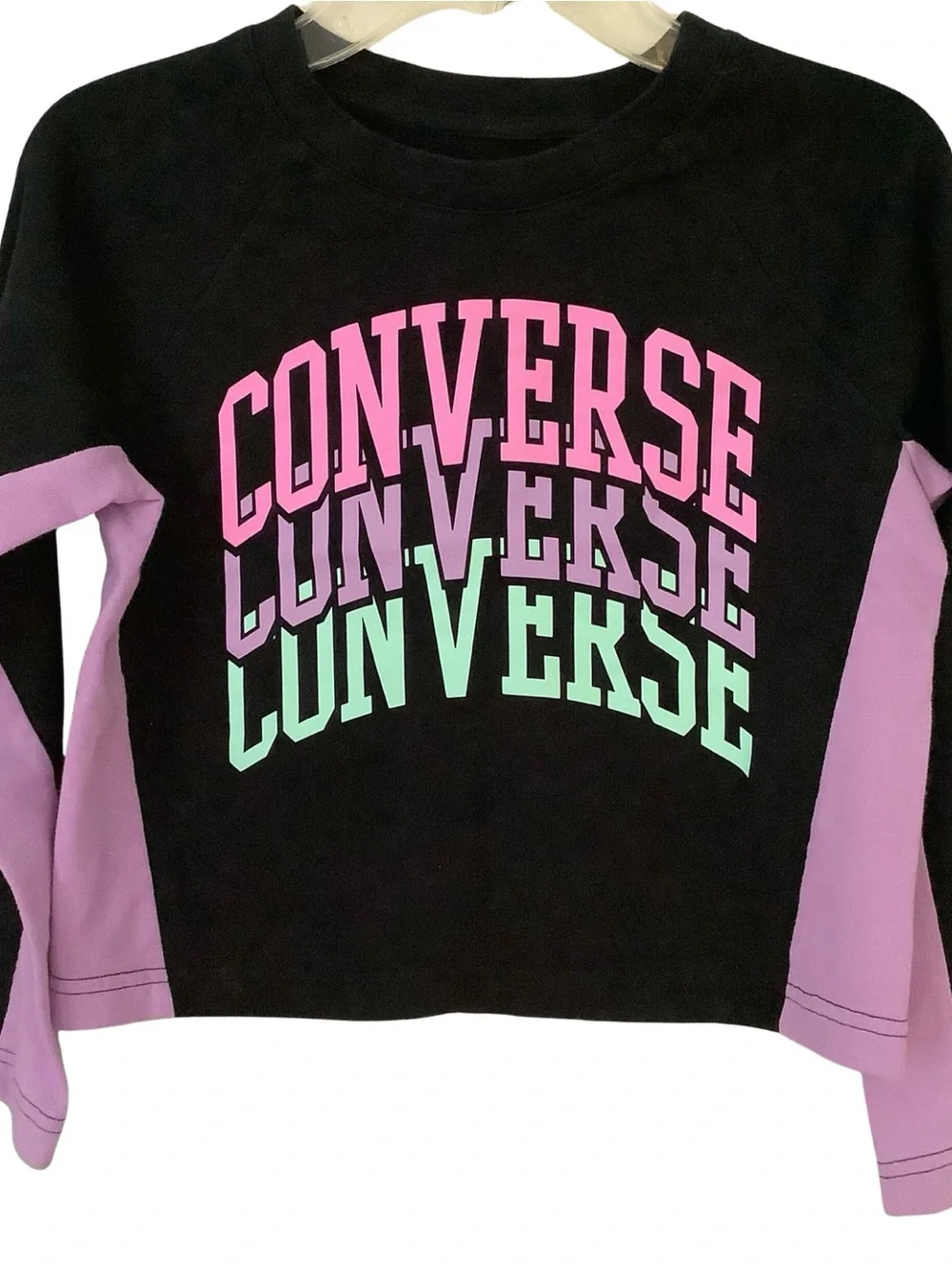 Converse Girls Black Lavender Stacked Wave Logo Cropped 3/4 Sleeve Tee, M 10/12